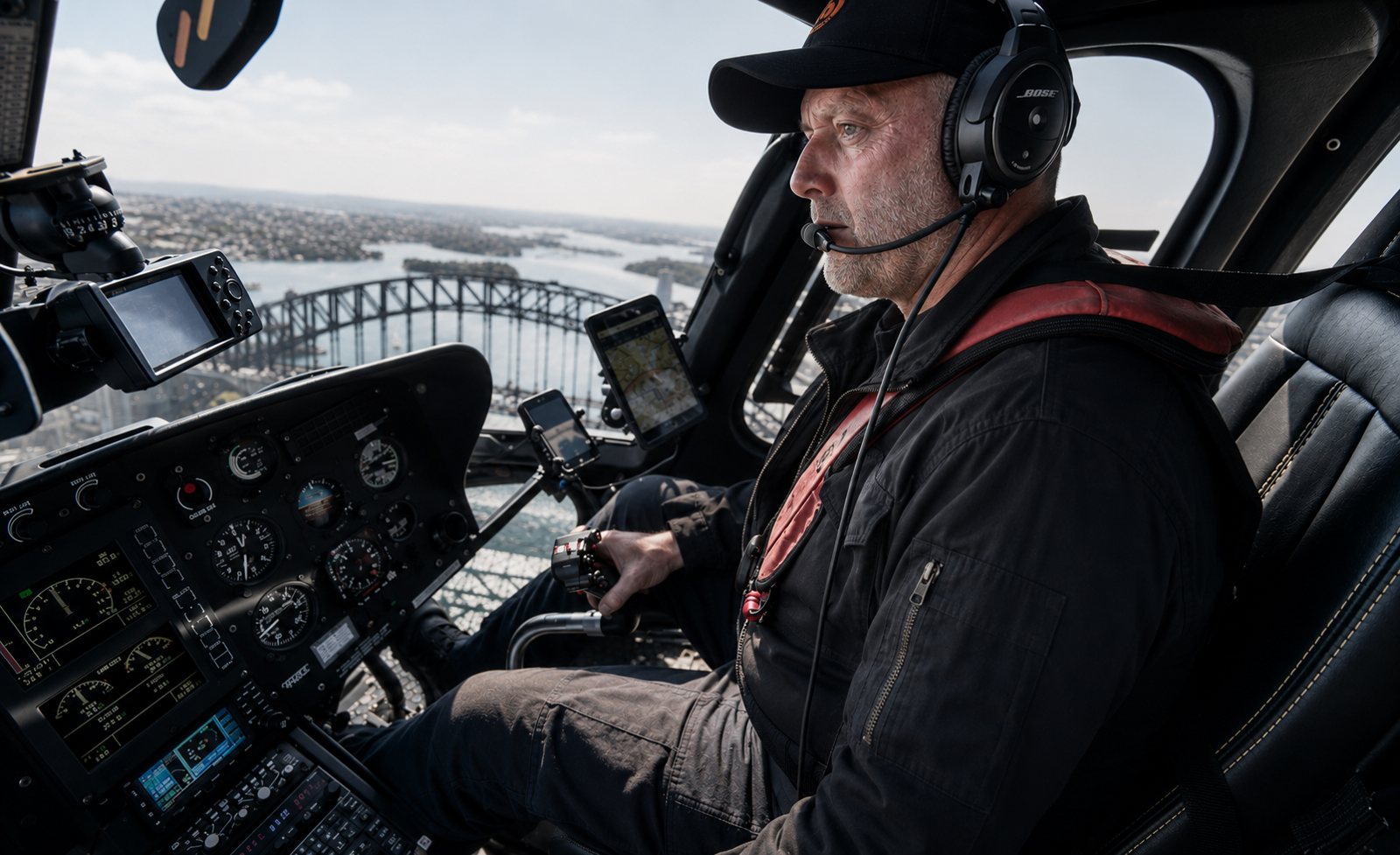 David Adamson flying a camera helicopter over Sydney Harbour