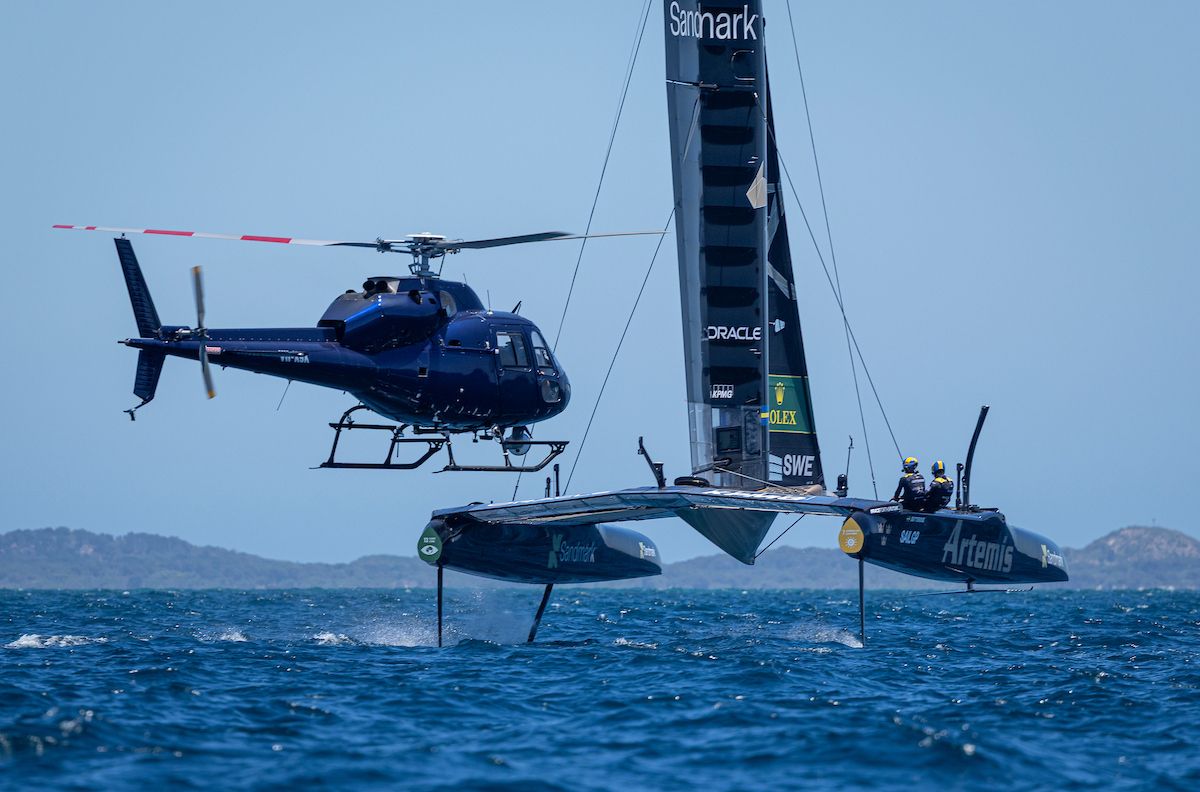 Aerial live-broadcast coverage of the Sydney to Hobart yacht race on open ocean
